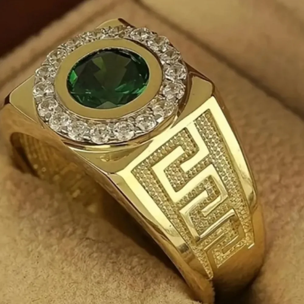 Mens Gold Ring with Green Gemstone Sz7